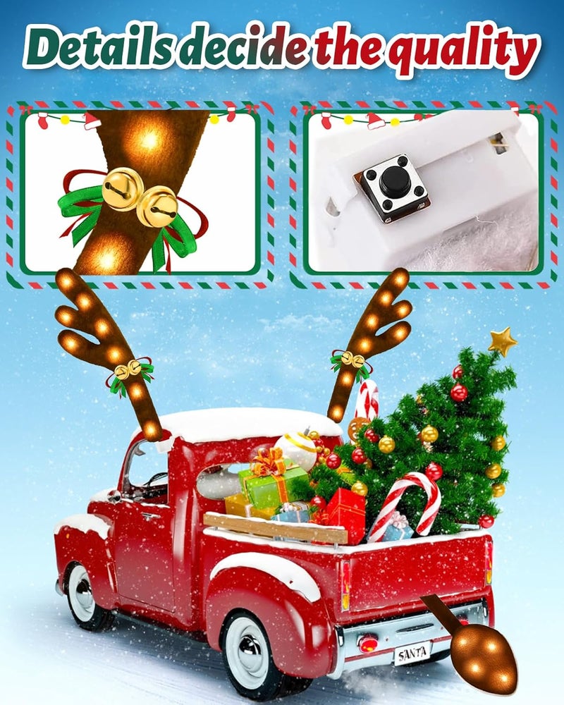 Dergo Christmas Reindeer Antlers Car Decoration Kit, LED Lights Nose Vehicle with Jingle Bells Rudolph, Auto Holiday Accessories for SUV Van Truck Decor Warm White - Image 5